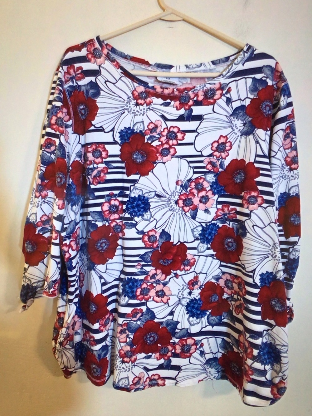Hot Cotton Floral Stripe Boatneck Top - Red, Blue & White